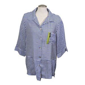 IC Connie K Button Up Shirt Blouse Womens L White Blue Striped Zippers Flax